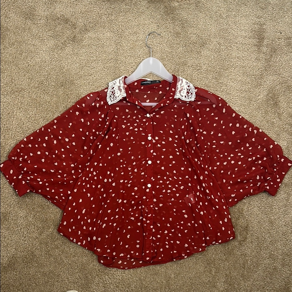Red Blouse with Dolman Sleeves and Peter Pan Collar